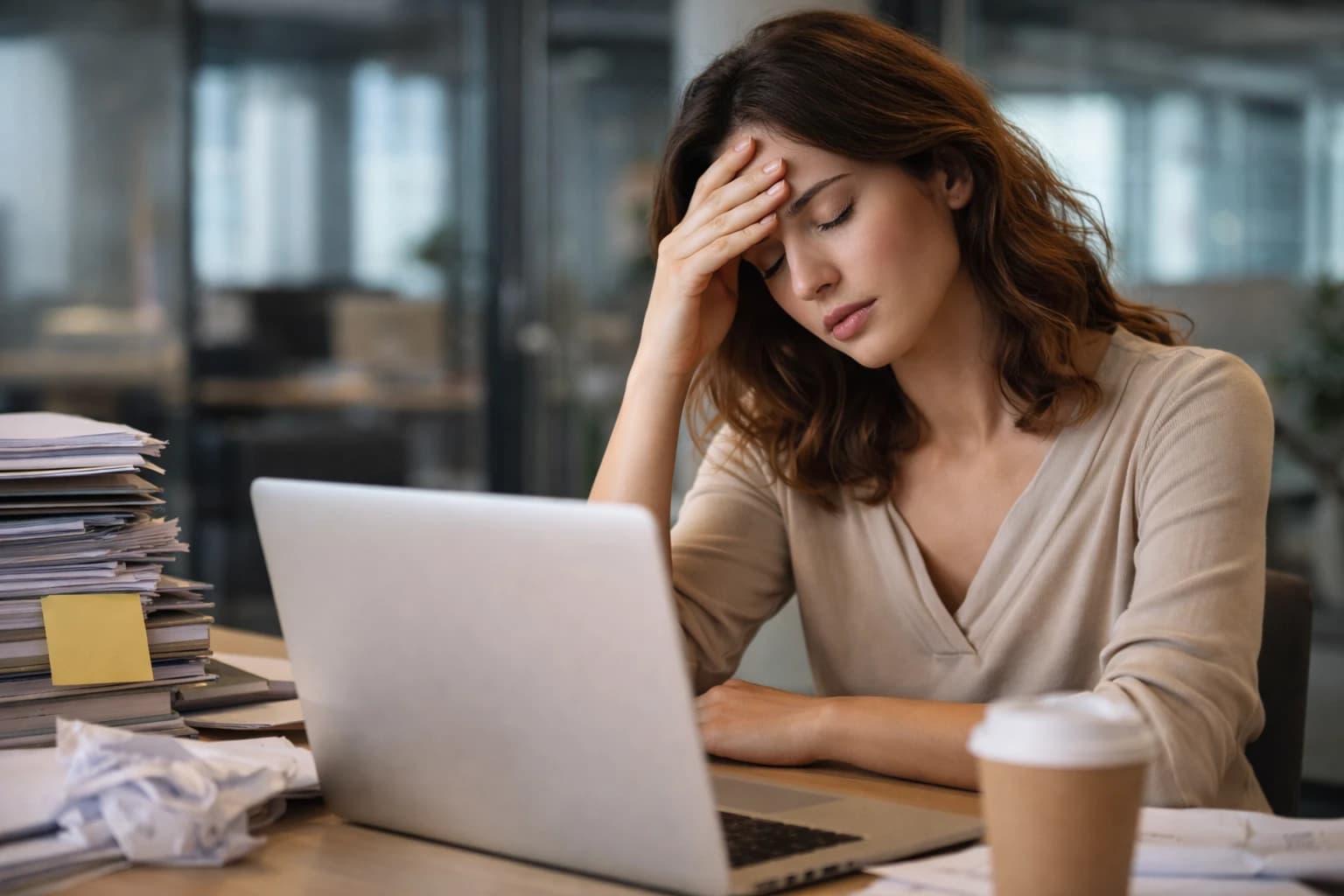 Medewerker met werkstress achter haar laptop op kantoor